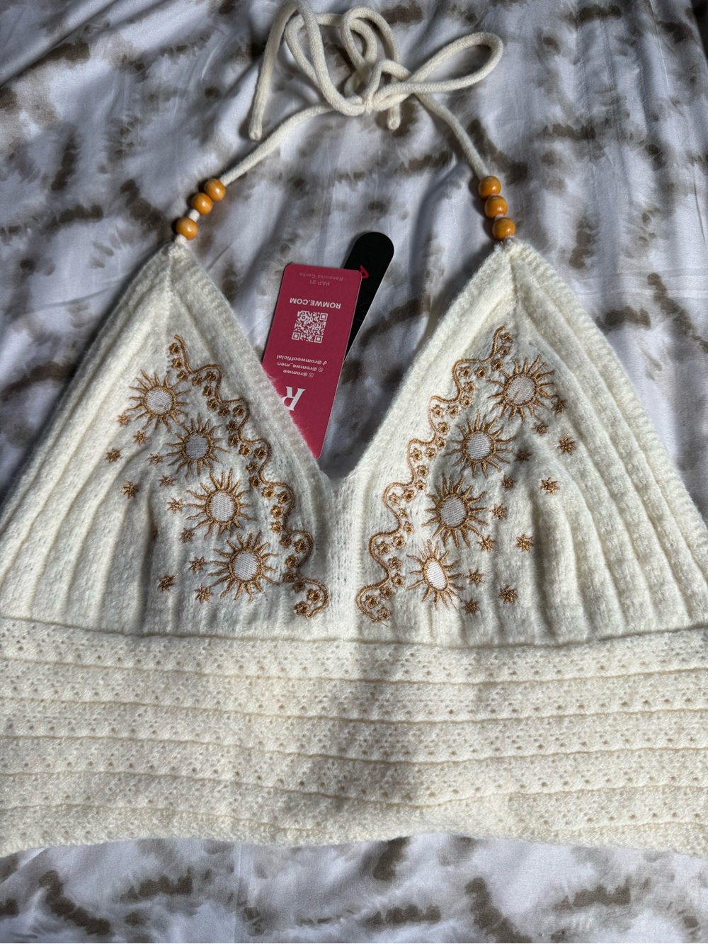 ROMWE Cream Halter Crop Top with Gold Sunburst Embroidery